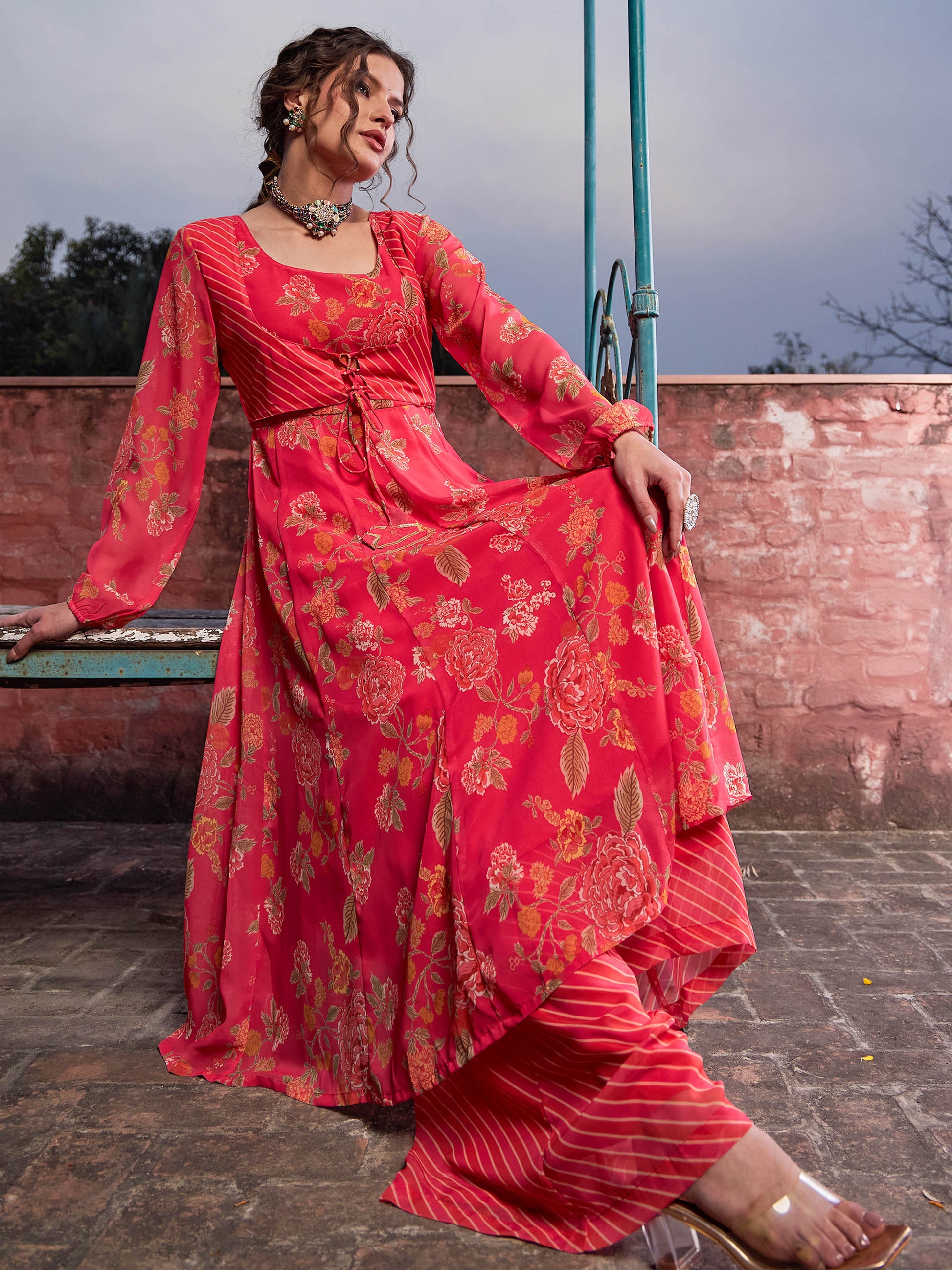 Pink Floral Front Yoke Anarkali Kurta With Palazzo Pants -Shae by SASSAFRAS