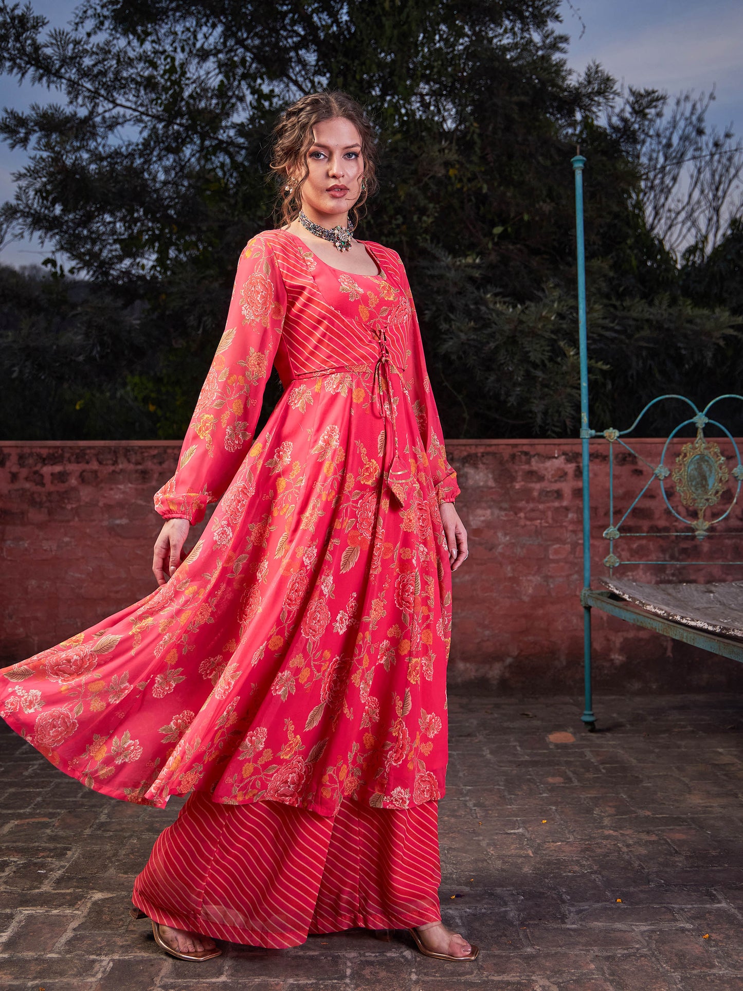 Pink Floral Front Yoke Anarkali Kurta With Palazzo Pants -Shae by SASSAFRAS