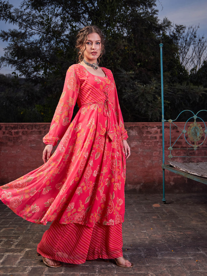 Pink Floral Front Yoke Anarkali Kurta With Palazzo Pants -Shae by SASSAFRAS