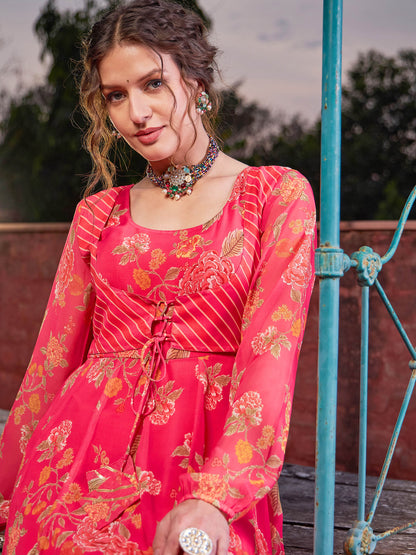 Pink Floral Front Yoke Anarkali Kurta With Palazzo Pants -Shae by SASSAFRAS