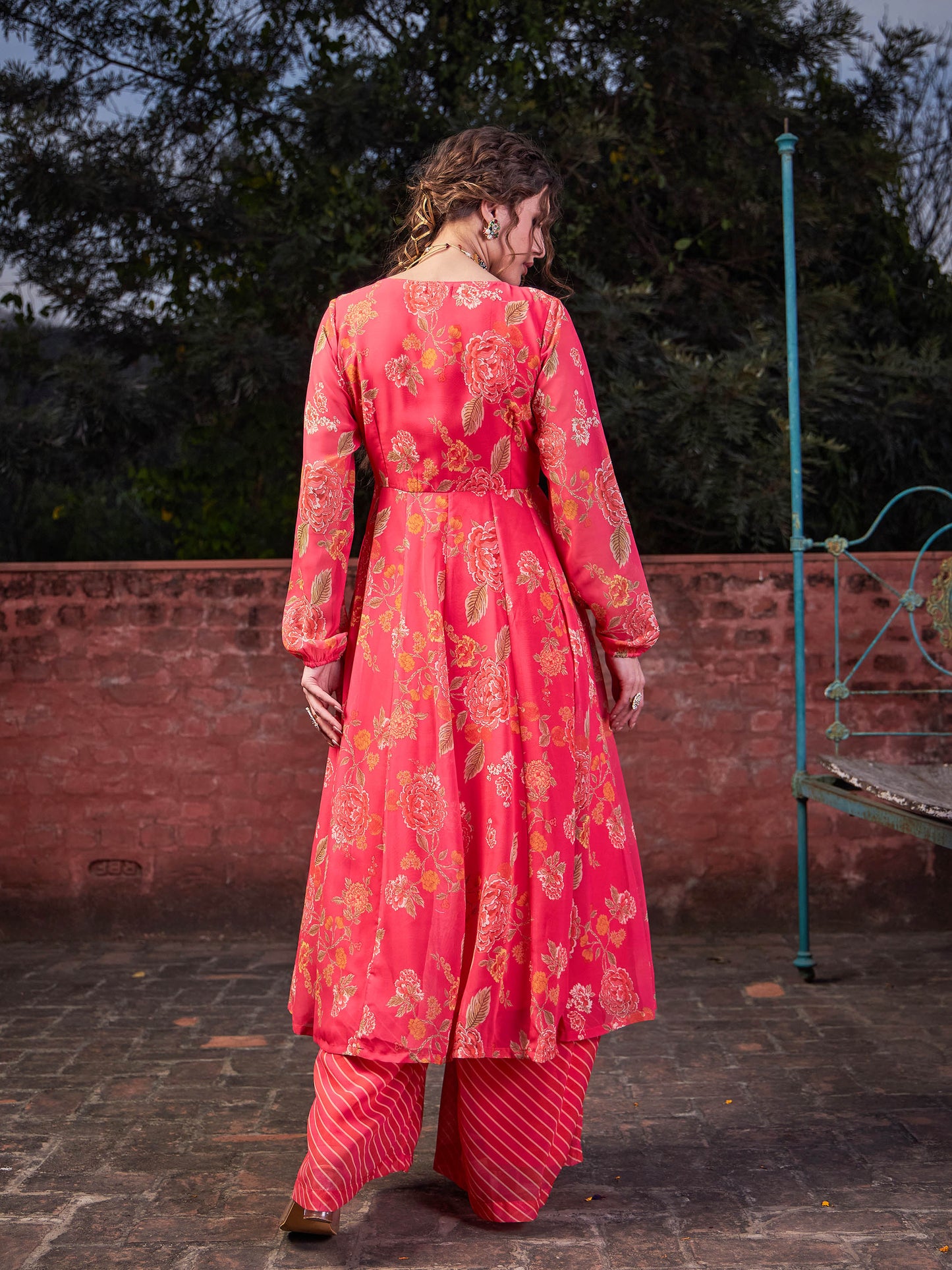 Pink Floral Front Yoke Anarkali Kurta With Palazzo Pants -Shae by SASSAFRAS