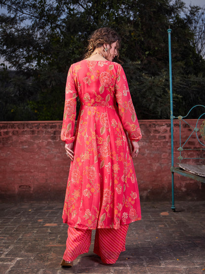 Pink Floral Front Yoke Anarkali Kurta With Palazzo Pants -Shae by SASSAFRAS