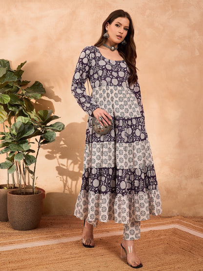 Navy & White Cambric Tired Kurta With Pencil Pants-Shae by SASSAFRAS