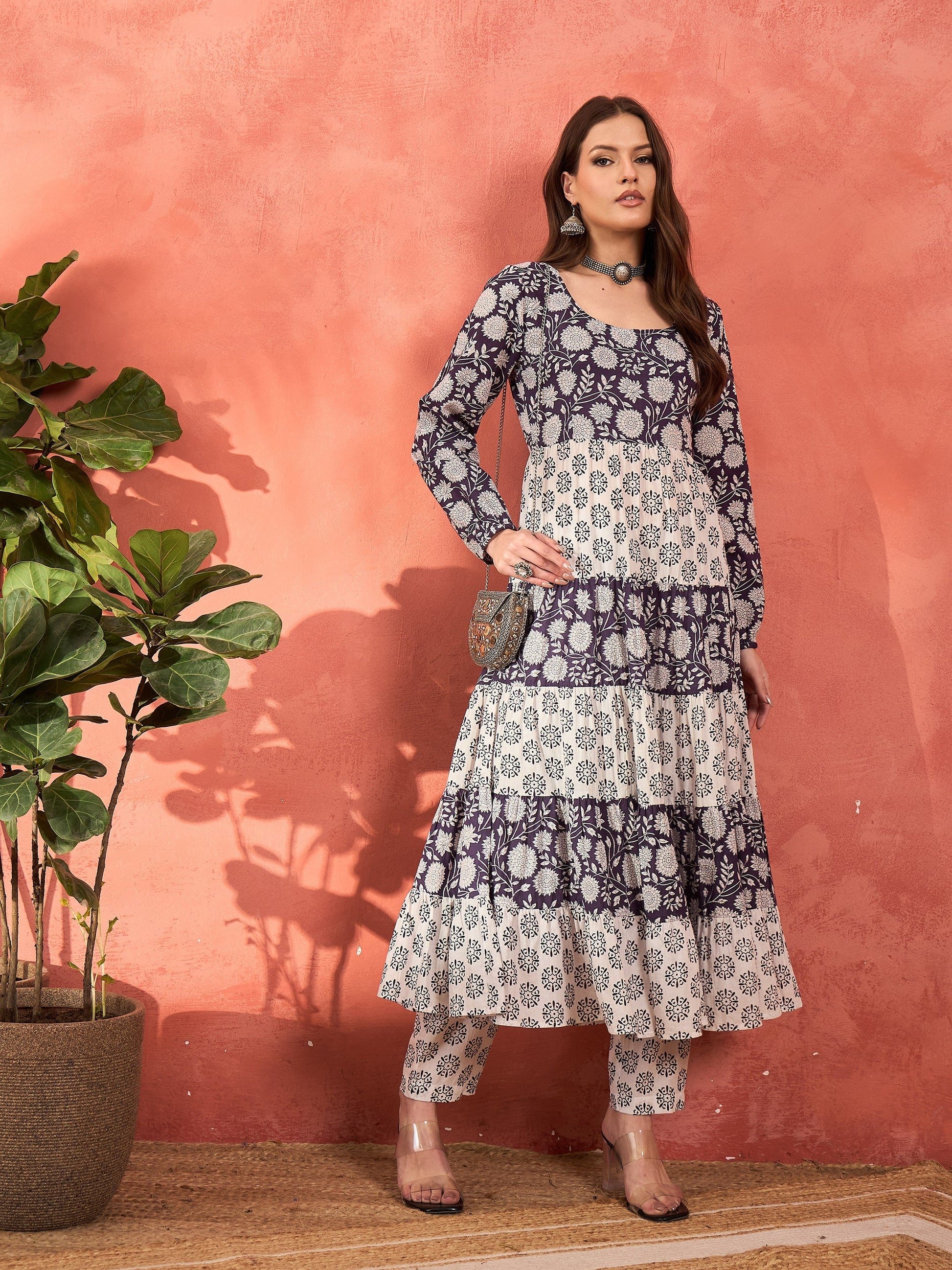 Navy & White Cambric Tired Kurta With Pencil Pants-Shae by SASSAFRAS