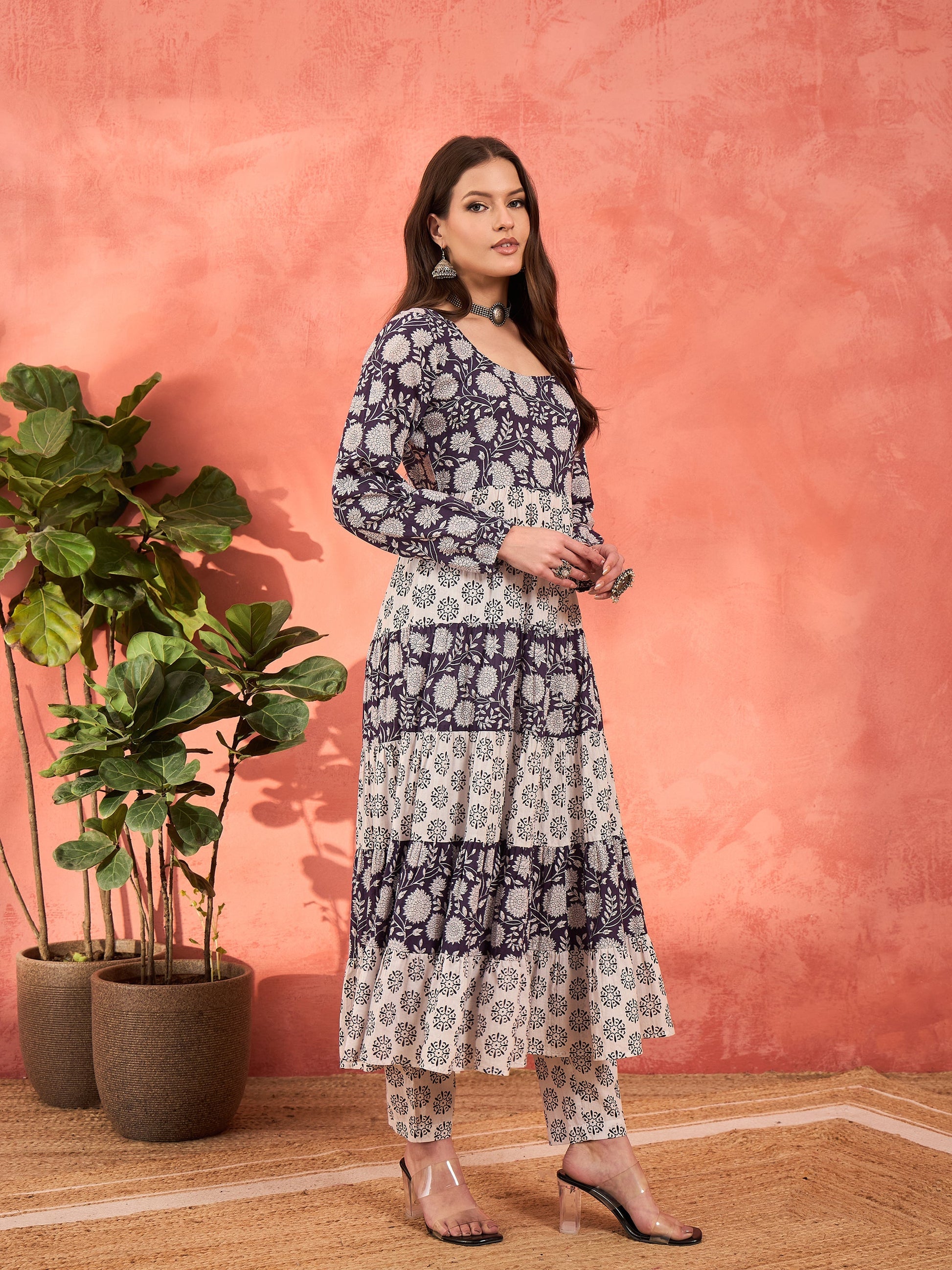 Navy & White Cambric Tired Kurta With Pencil Pants-Shae by SASSAFRAS