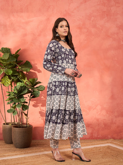 Navy & White Cambric Tired Kurta With Pencil Pants-Shae by SASSAFRAS