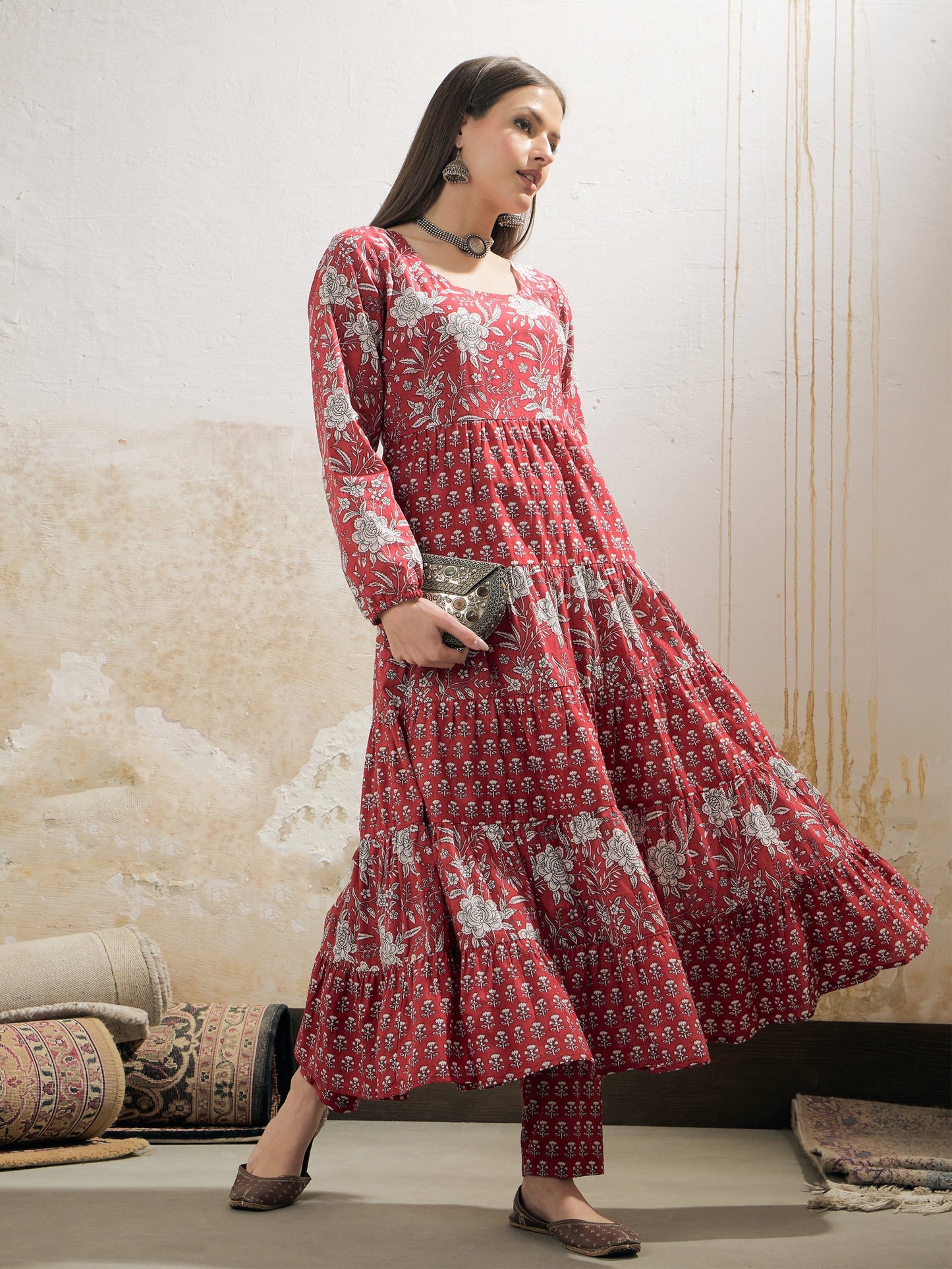 Maroon & White Cambric Tired Kurta With Pencil Pants-Shae by SASSAFRAS