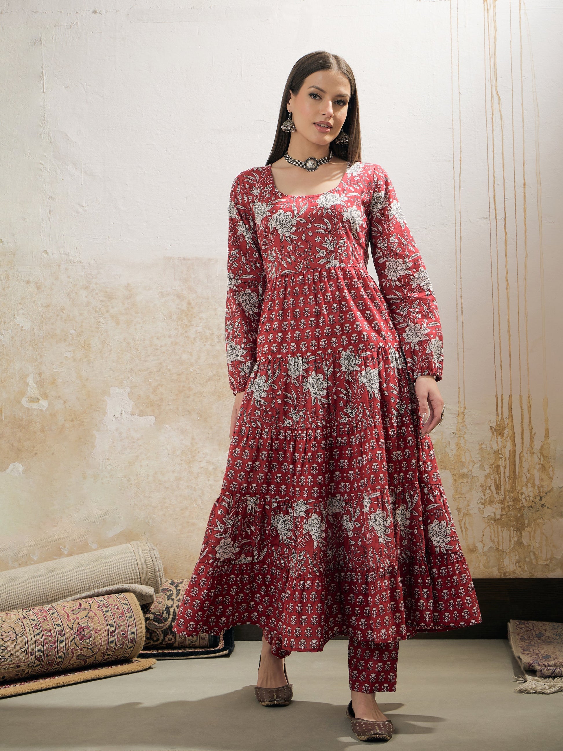 Maroon & White Cambric Tired Kurta With Pencil Pants-Shae by SASSAFRAS