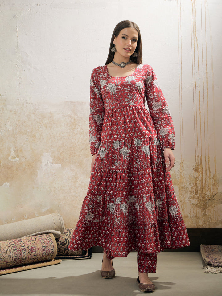 Maroon &amp; White Cambric Tired Kurta With Pencil Pants-Shae by SASSAFRAS