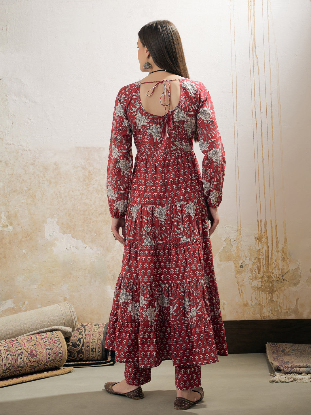 Maroon &amp; White Cambric Tired Kurta With Pencil Pants-Shae by SASSAFRAS