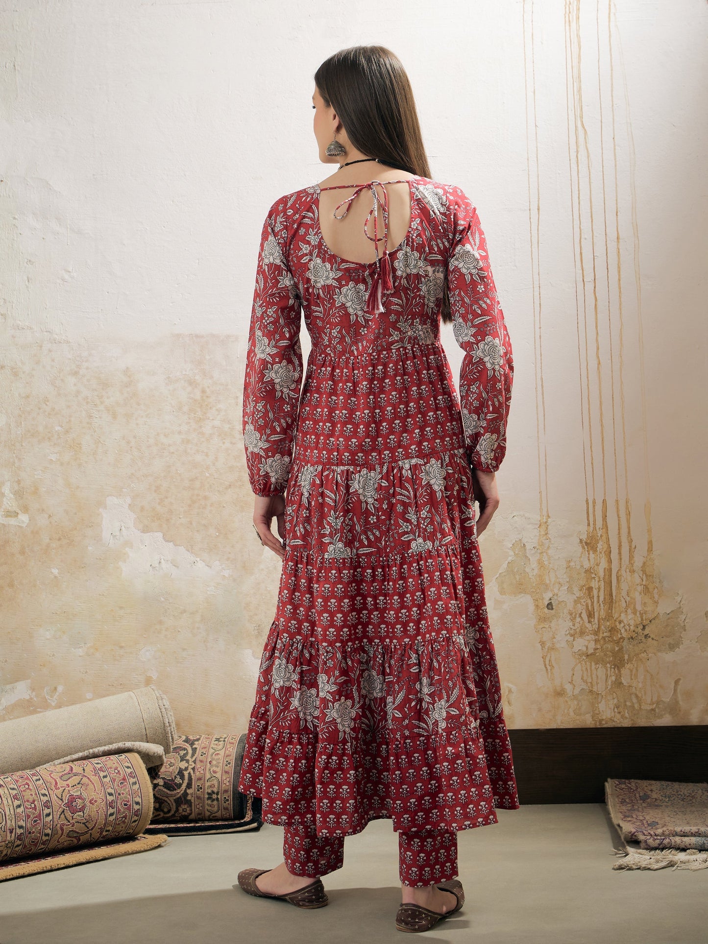 Maroon & White Cambric Tired Kurta With Pencil Pants-Shae by SASSAFRAS