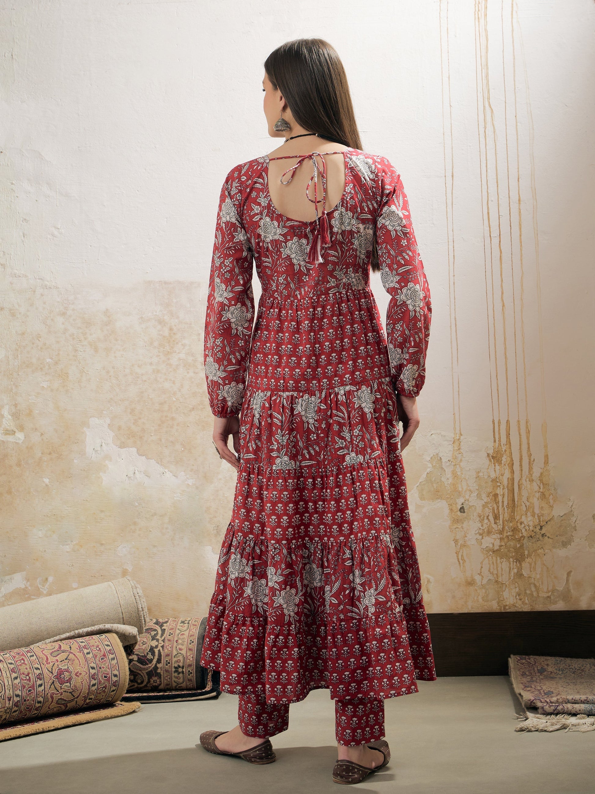 Maroon & White Cambric Tired Kurta With Pencil Pants-Shae by SASSAFRAS