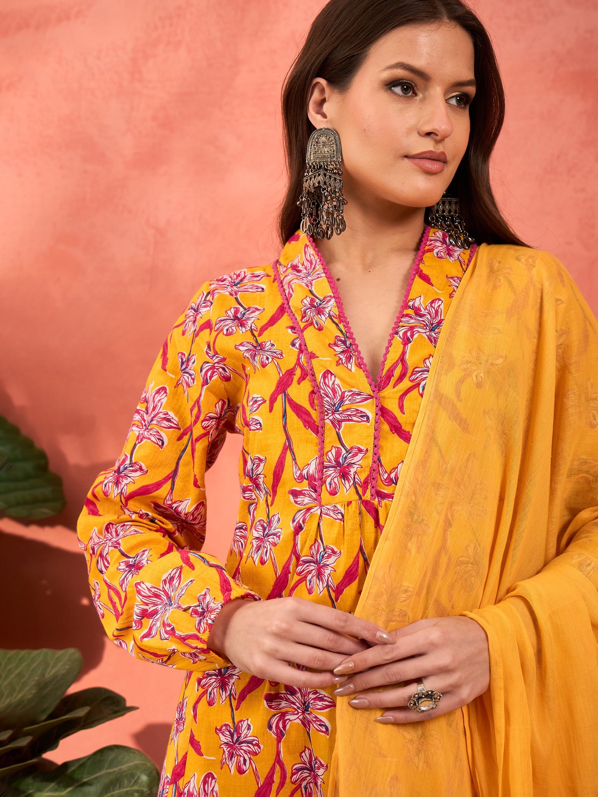 Yellow Floral Cambric V Neck Kurta With Pencil Pants & Dupatta-Shae by SASSAFRAS