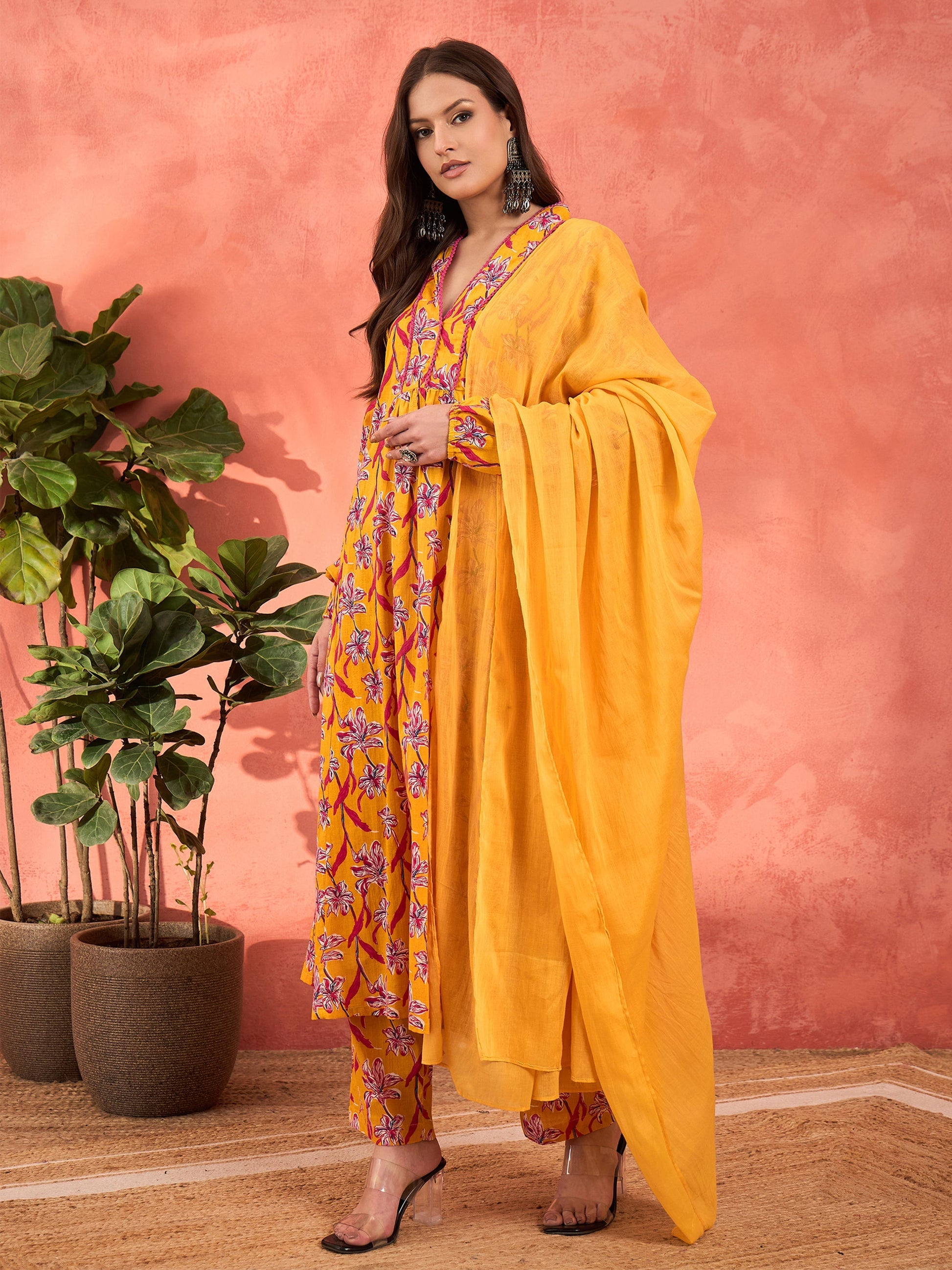 Yellow Floral Cambric V Neck Kurta With Pencil Pants & Dupatta-Shae by SASSAFRAS