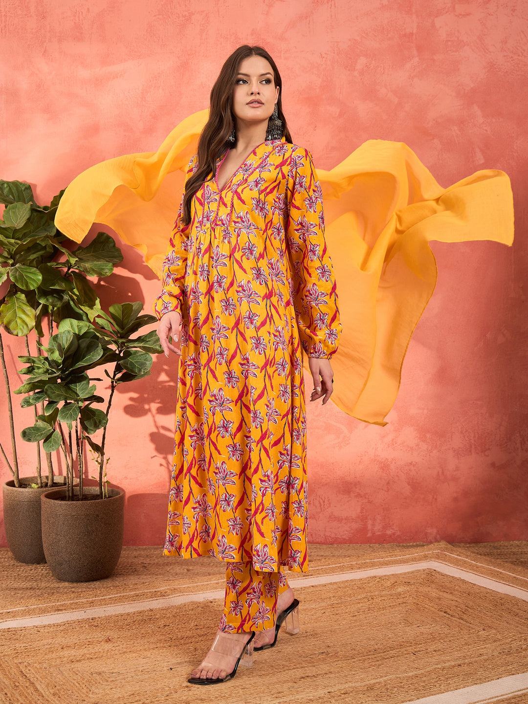 Yellow Floral Cambric V Neck Kurta With Pencil Pants &amp; Dupatta-Shae by SASSAFRAS