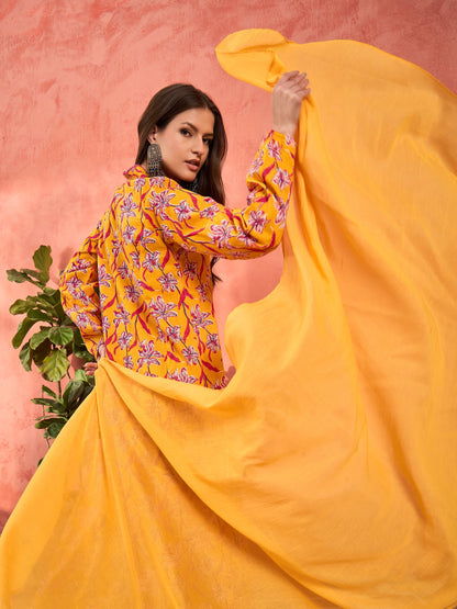 Yellow Floral Cambric V Neck Kurta With Pencil Pants & Dupatta-Shae by SASSAFRAS