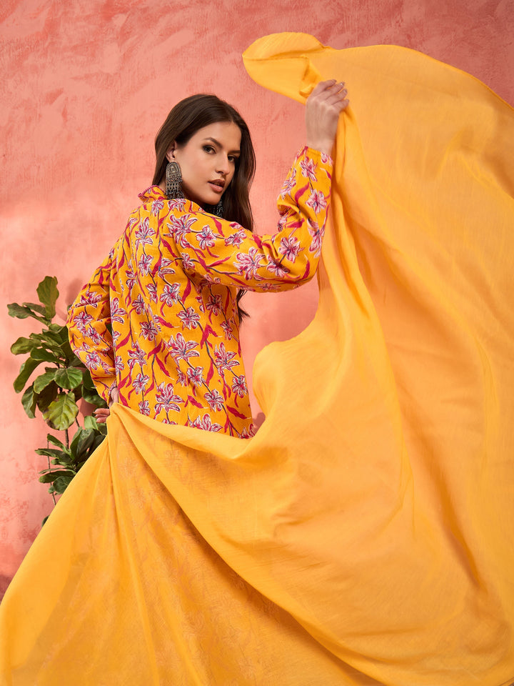 Yellow Floral Cambric V Neck Kurta With Pencil Pants &amp; Dupatta-Shae by SASSAFRAS