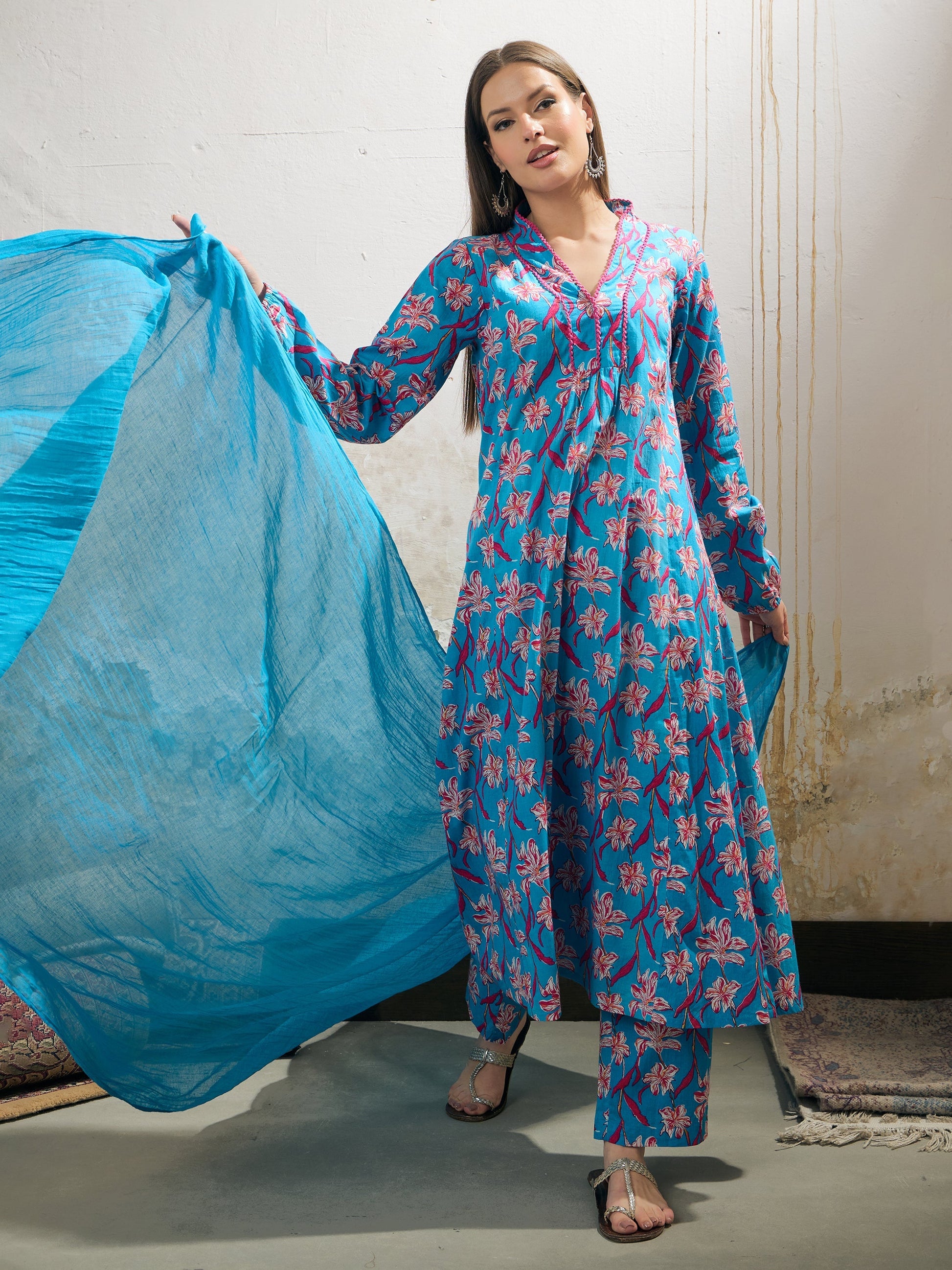 Aqua Blue Floral Cambric V Neck Kurta With Pencil Pants & Dupatta-Shae by SASSAFRAS