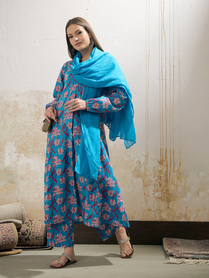 Aqua Blue Floral Cambric V Neck Kurta With Pencil Pants &amp; Dupatta-Shae by SASSAFRAS