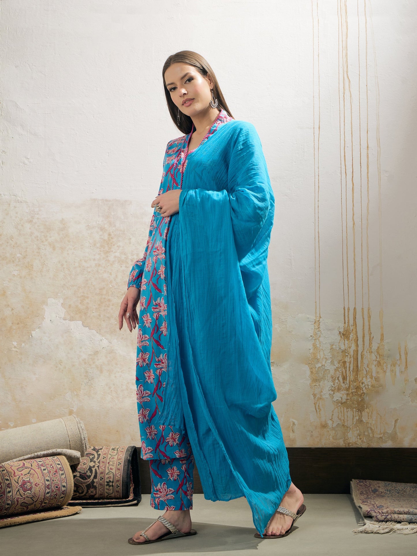 Aqua Blue Floral Cambric V Neck Kurta With Pencil Pants & Dupatta-Shae by SASSAFRAS