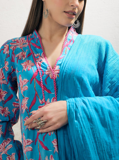 Aqua Blue Floral Cambric V Neck Kurta With Pencil Pants & Dupatta-Shae by SASSAFRAS