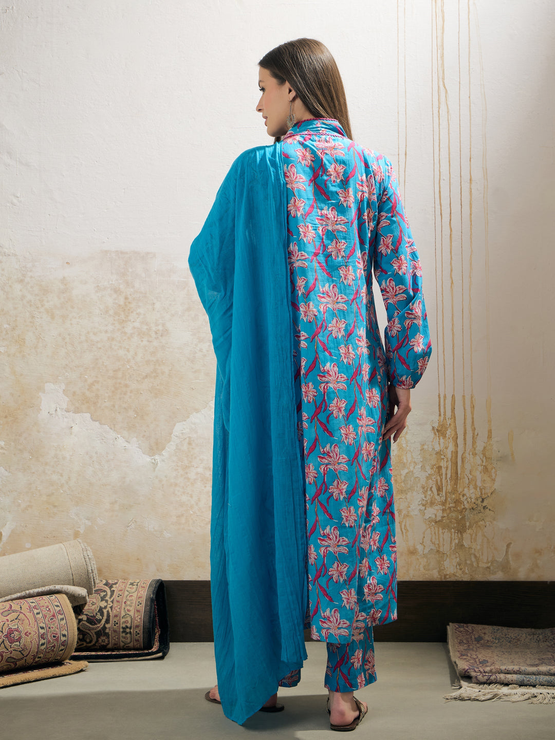 Aqua Blue Floral Cambric V Neck Kurta With Pencil Pants &amp; Dupatta-Shae by SASSAFRAS