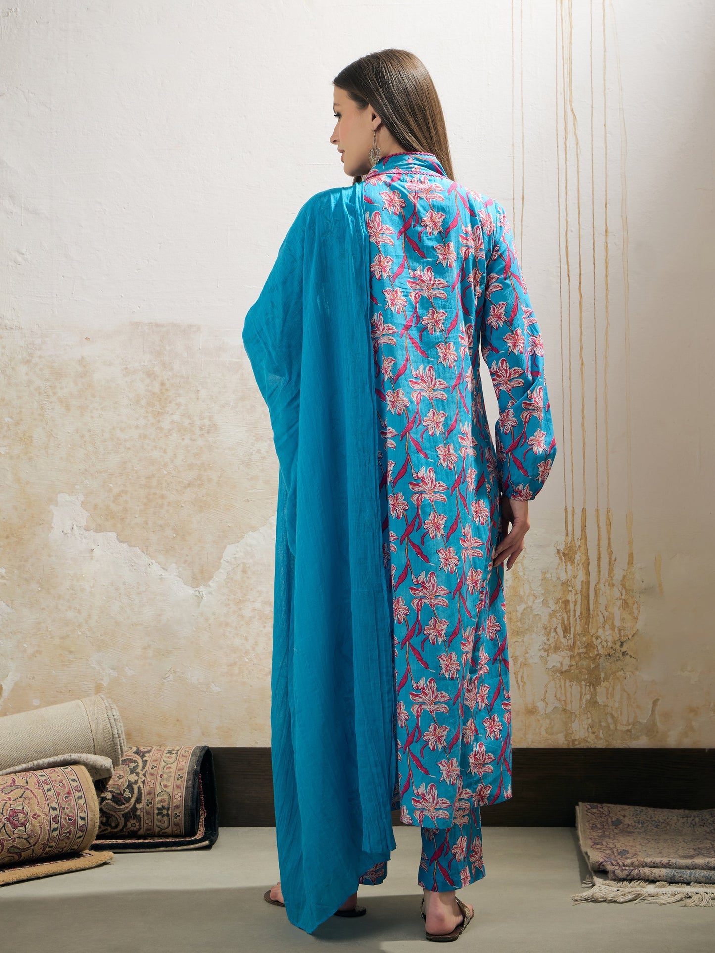 Aqua Blue Floral Cambric V Neck Kurta With Pencil Pants & Dupatta-Shae by SASSAFRAS