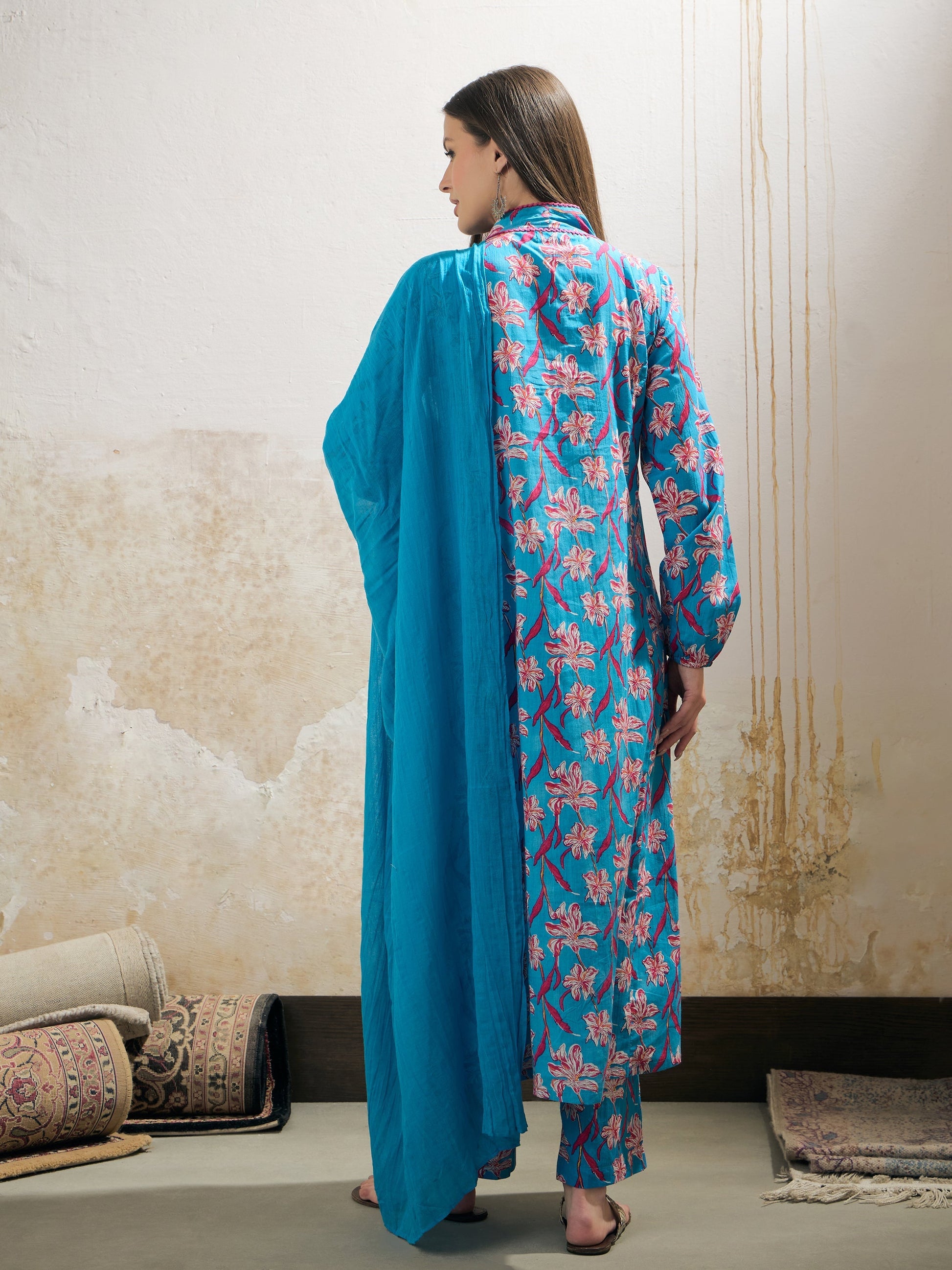 Aqua Blue Floral Cambric V Neck Kurta With Pencil Pants & Dupatta-Shae by SASSAFRAS