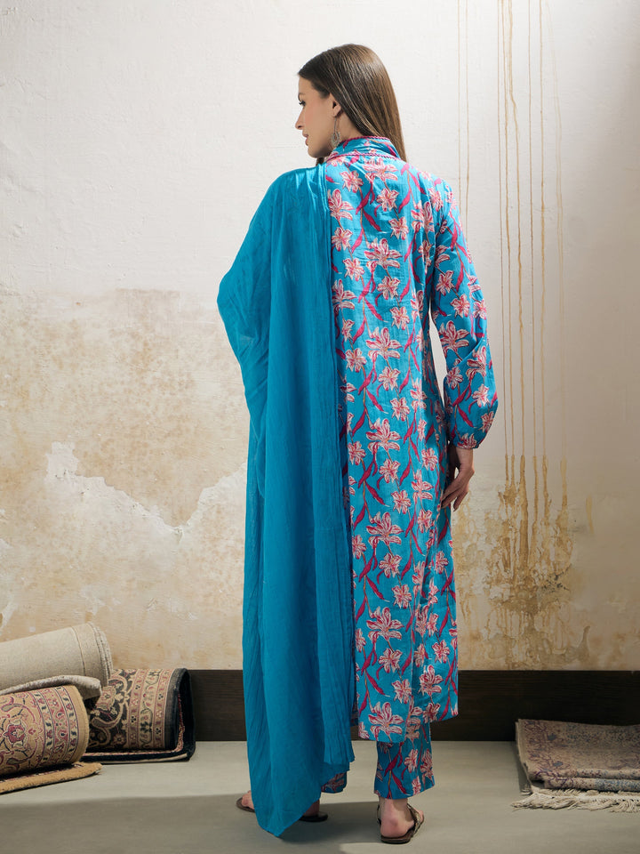Aqua Blue Floral Cambric V Neck Kurta With Pencil Pants &amp; Dupatta-Shae by SASSAFRAS