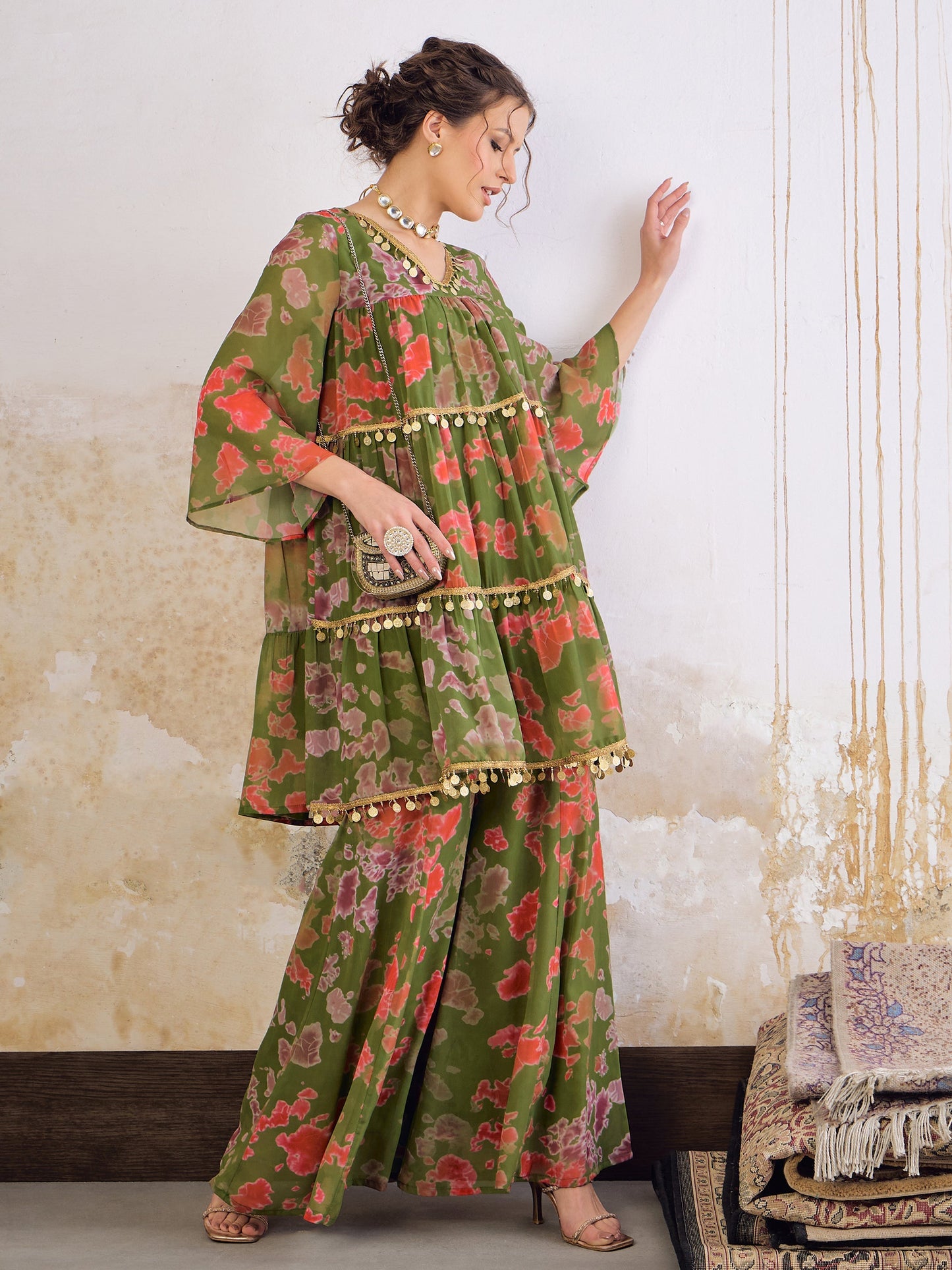 Women's Women Green Tie & Dye Coin Lace Tired Kurta With Sharara Pants in Georgette by Shae for wholesale, bulk, supplier, manufacturer and wholesaler buyers from Trendphoria