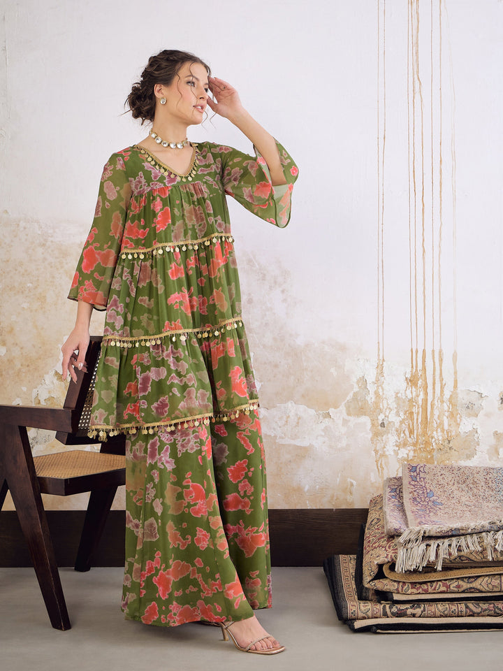 Women Green Tie &amp; Dye Coin Lace Tiered Kurta With Sharara Pants