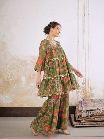 Women Green Tie & Dye Coin Lace Tiered Kurta With Sharara Pants