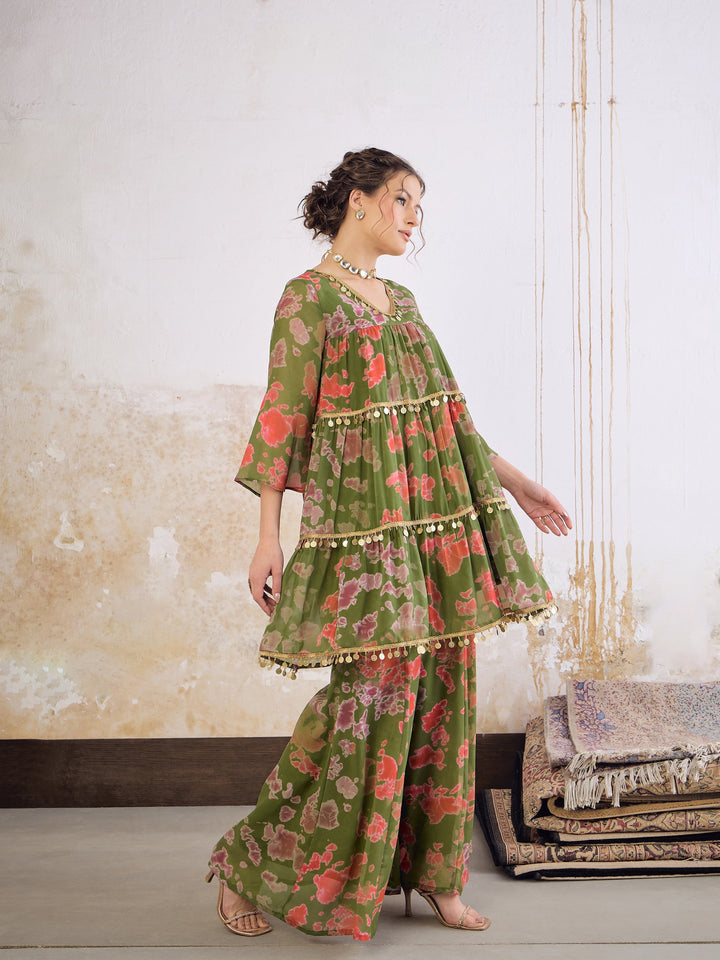 Women Green Tie &amp; Dye Coin Lace Tiered Kurta With Sharara Pants