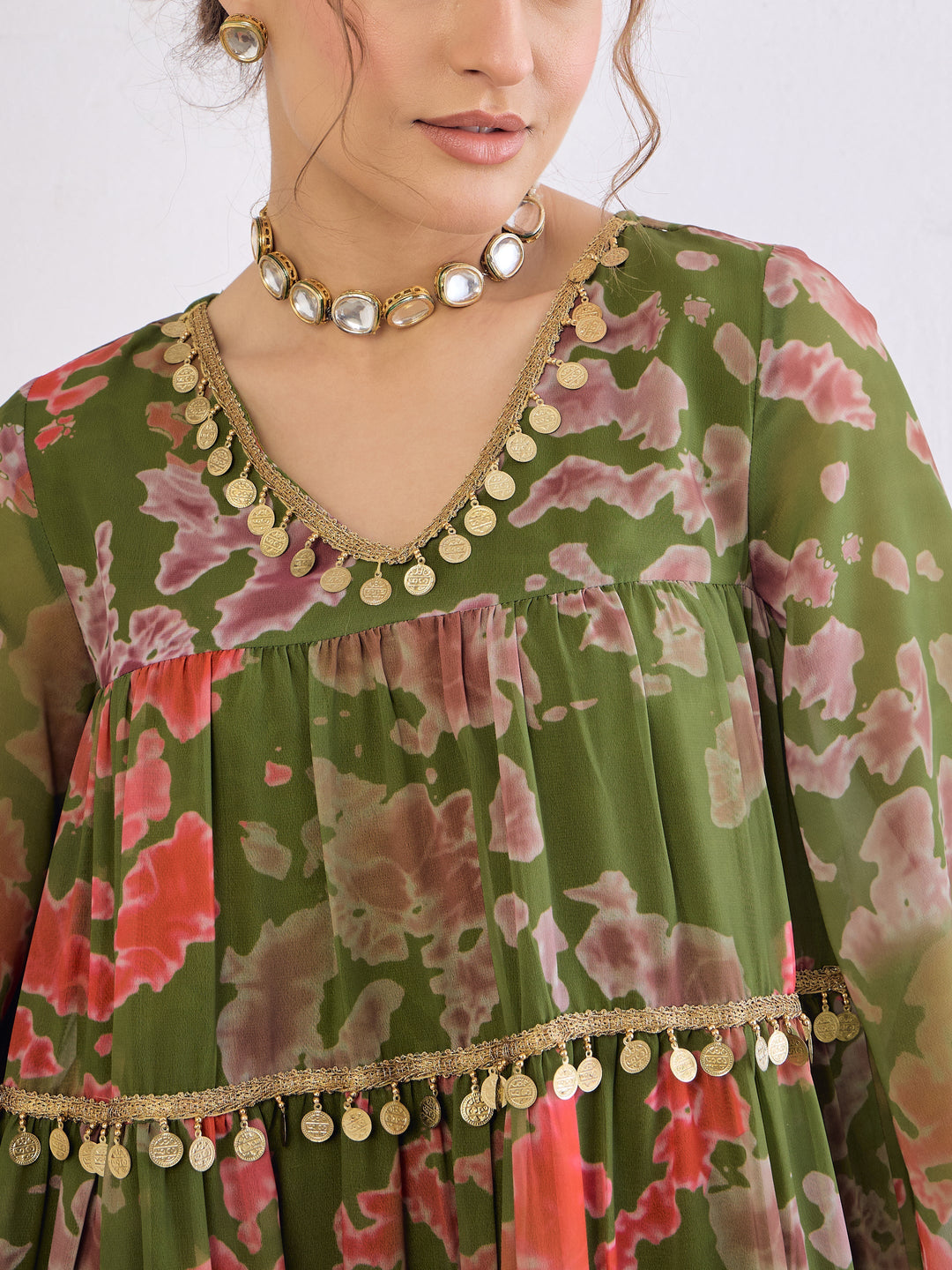 Women Green Tie &amp; Dye Coin Lace Tiered Kurta With Sharara Pants