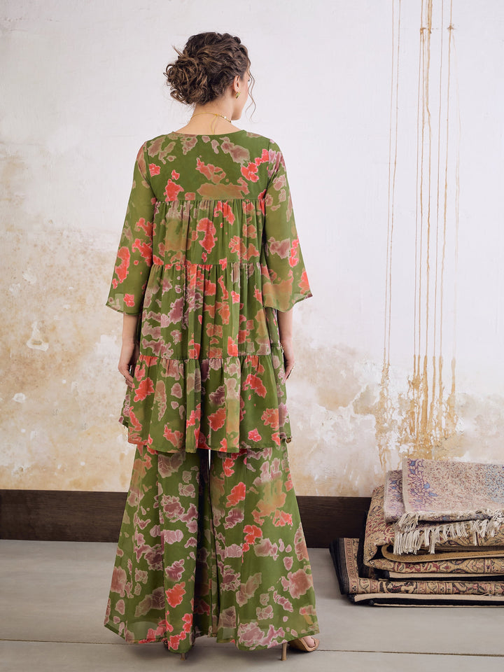 Women Green Tie &amp; Dye Coin Lace Tiered Kurta With Sharara Pants