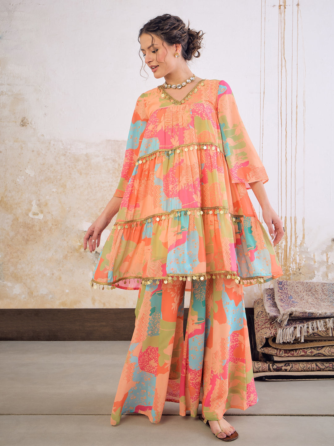 Women's Women Orange Tie & Dye Coin Lace Tired Kurta With Sharara Pants in Georgette by Shae for wholesale, bulk, supplier, manufacturer and wholesaler buyers from Trendphoria