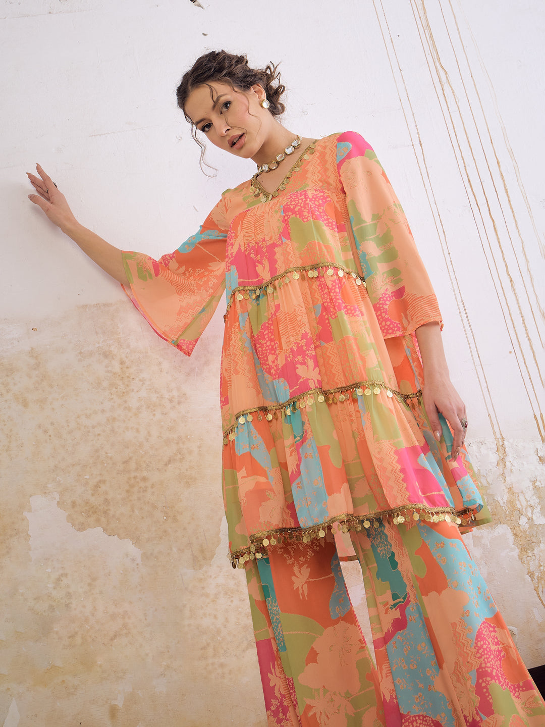 Women Orange Tie &amp; Dye Coin Lace Tired Kurta With Sharara Pants