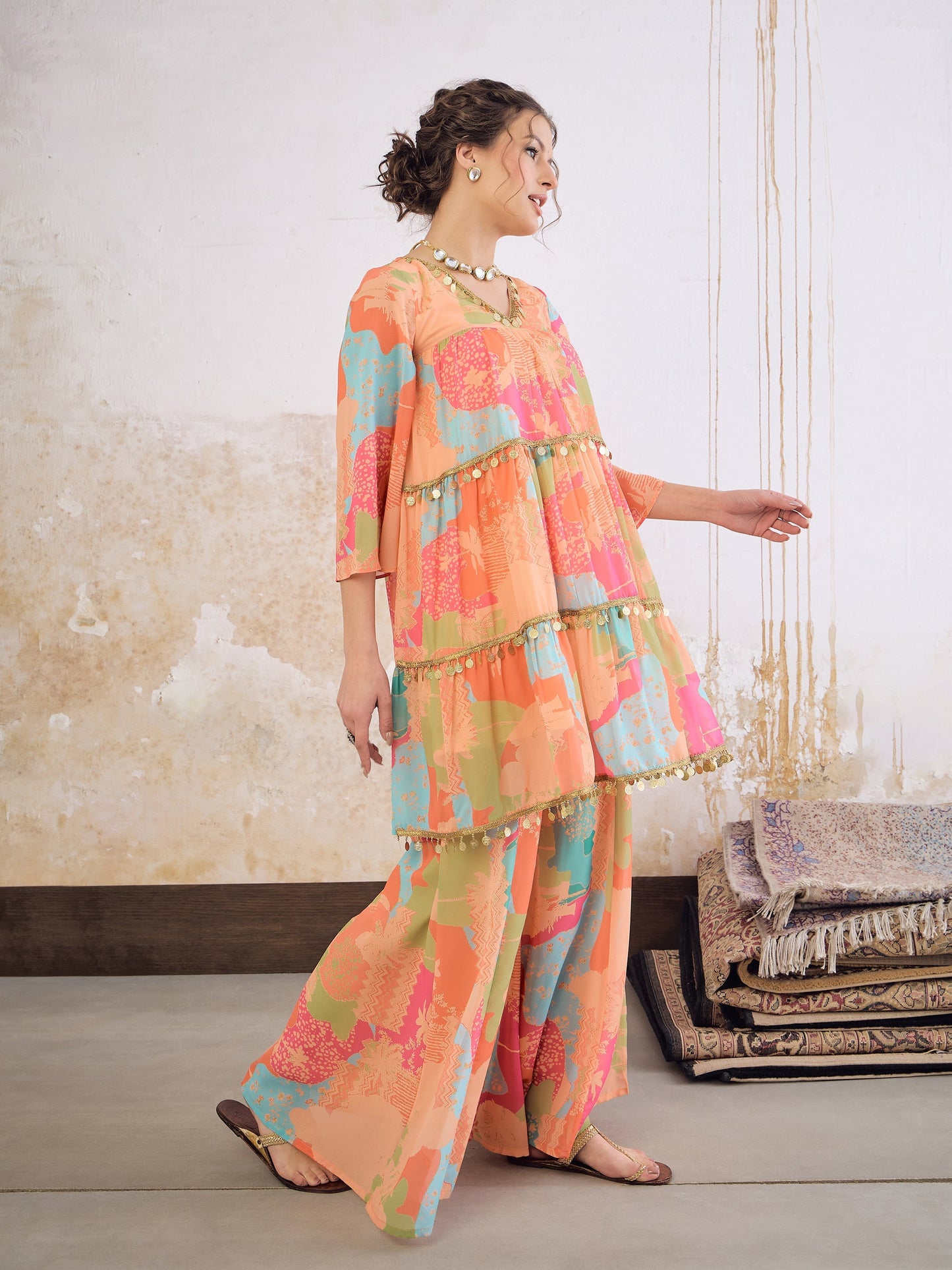 Women Orange Tie & Dye Coin Lace Tired Kurta With Sharara Pants