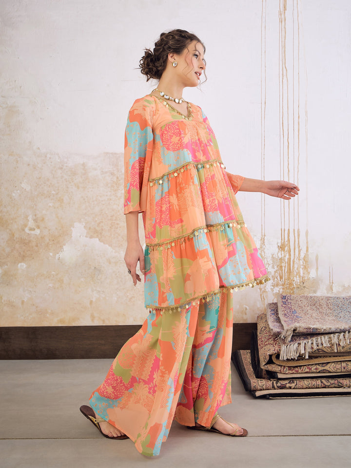 Women Orange Tie &amp; Dye Coin Lace Tired Kurta With Sharara Pants