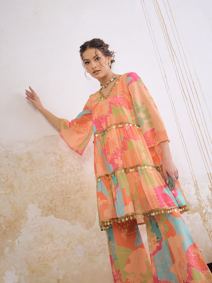 Women Orange Tie &amp; Dye Coin Lace Tired Kurta With Sharara Pants
