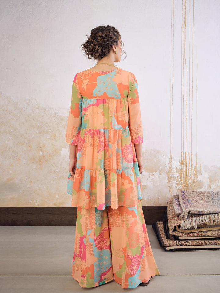 Women Orange Tie &amp; Dye Coin Lace Tired Kurta With Sharara Pants