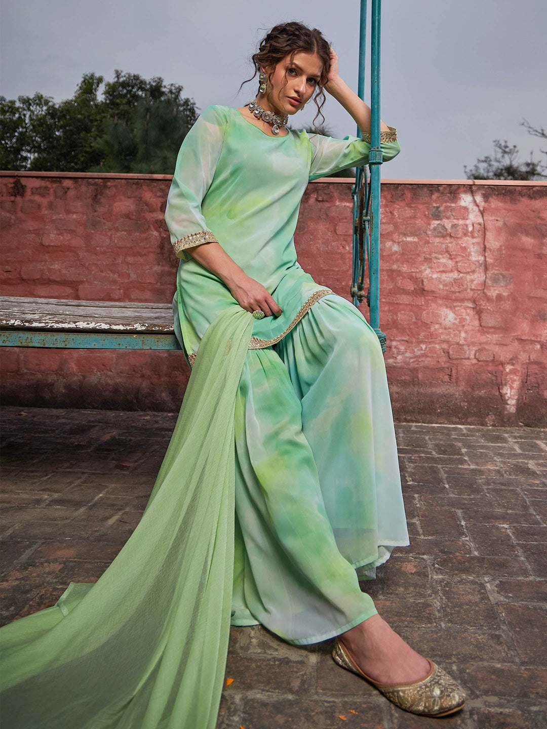 Lime Green Tie &amp; Dye Short Kurta With Sharara Pants &amp; Dupatta-Shae by SASSAFRAS