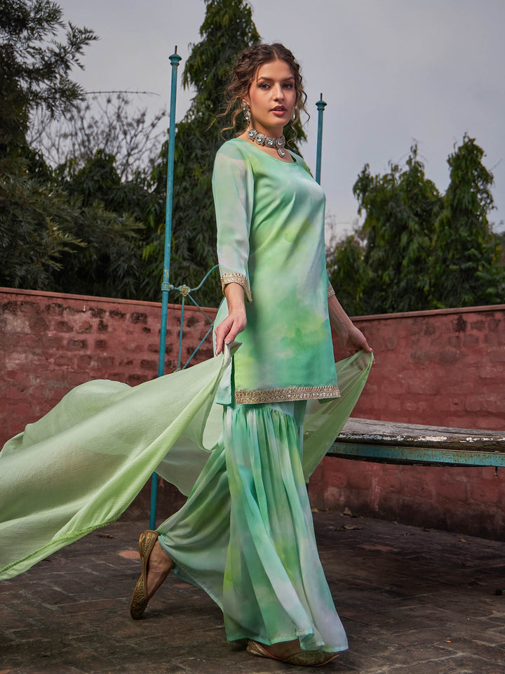 Lime Green Tie &amp; Dye Short Kurta With Sharara Pants &amp; Dupatta-Shae by SASSAFRAS