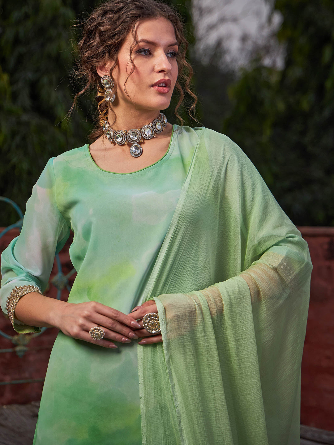 Lime Green Tie &amp; Dye Short Kurta With Sharara Pants &amp; Dupatta-Shae by SASSAFRAS