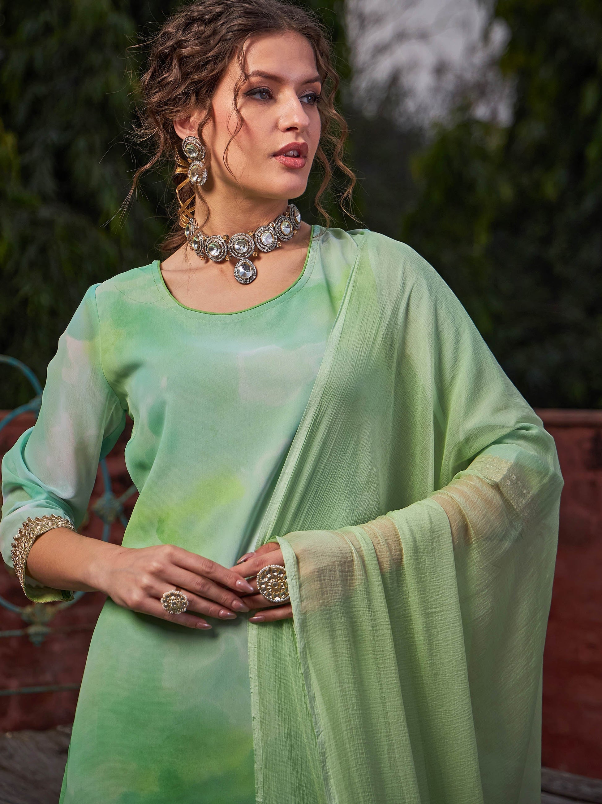 Lime Green Tie & Dye Short Kurta With Sharara Pants & Dupatta-Shae by SASSAFRAS