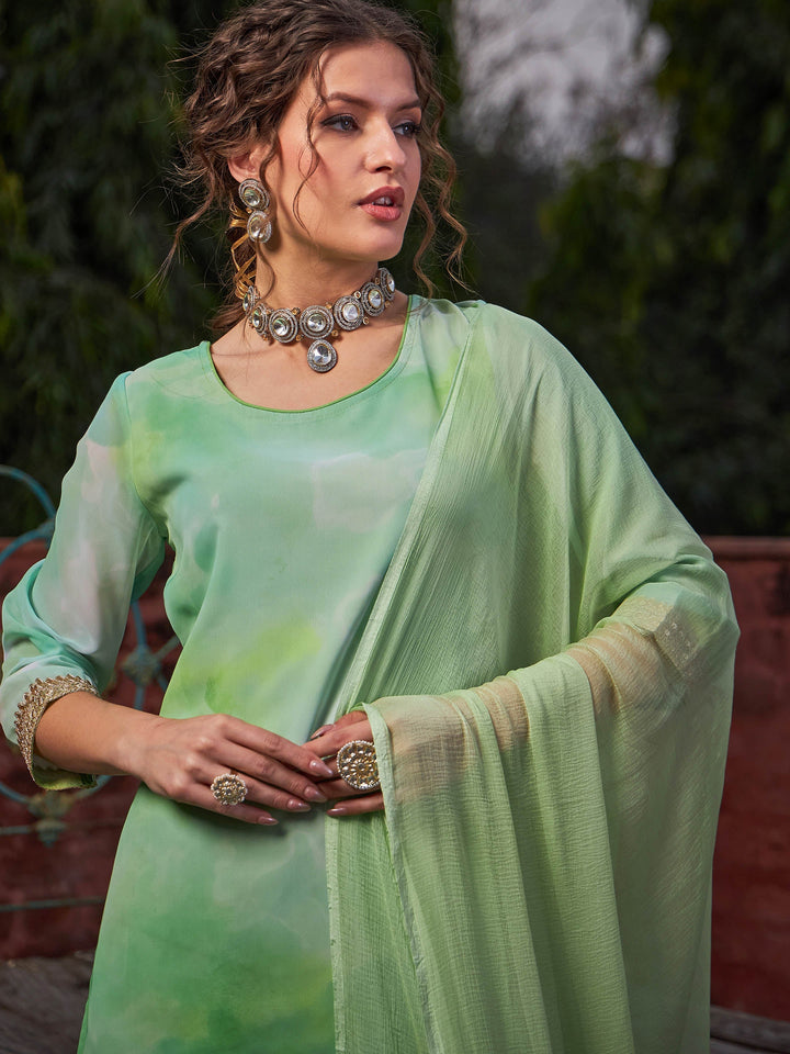 Lime Green Tie &amp; Dye Short Kurta With Sharara Pants &amp; Dupatta-Shae by SASSAFRAS