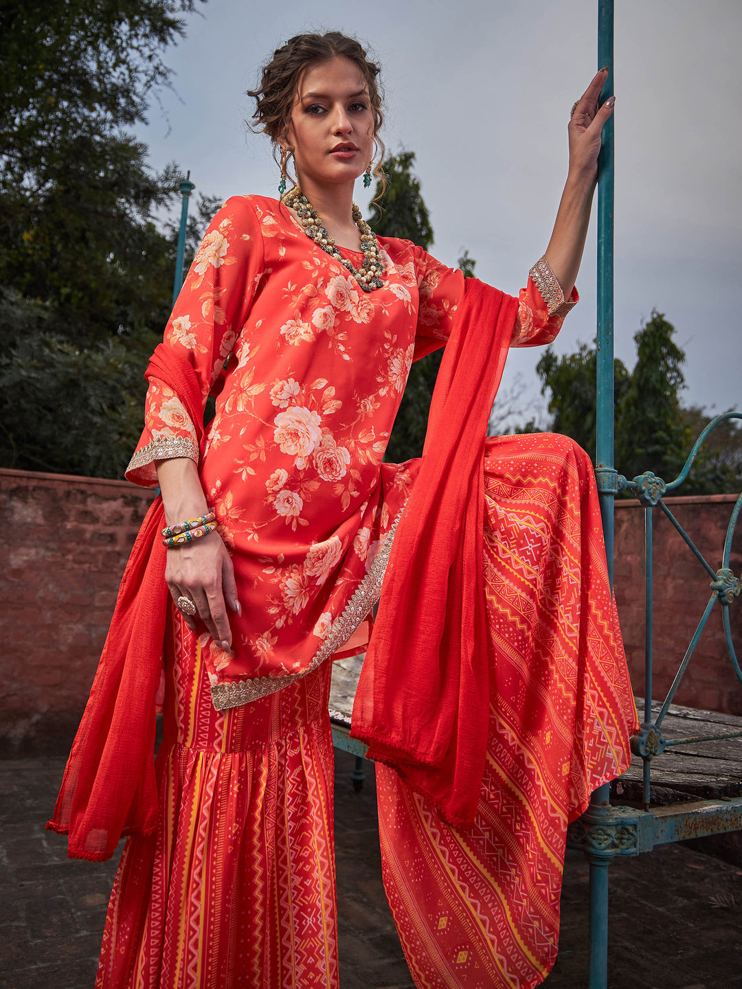 Orange Floral Short Kurta With Sharara Pants &amp; Dupatta-Shae by SASSAFRAS