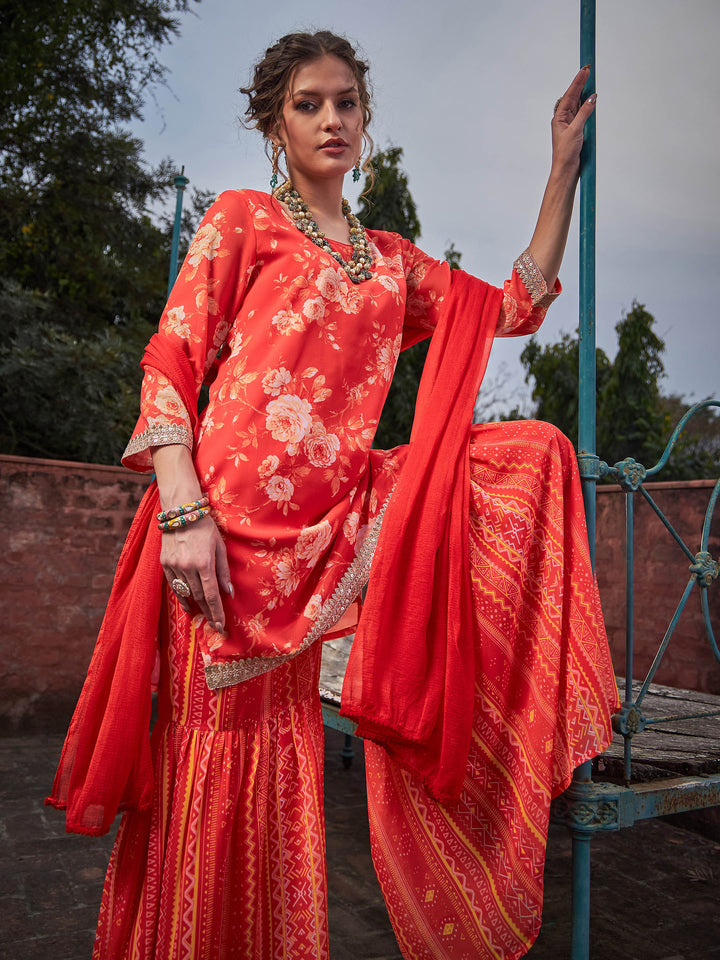 Orange Floral Short Kurta With Sharara Pants &amp; Dupatta-Shae by SASSAFRAS