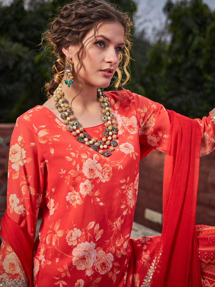 Orange Floral Short Kurta With Sharara Pants &amp; Dupatta-Shae by SASSAFRAS