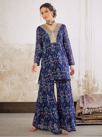 Women Navy Blue Floral Short Kurta With Palazzo Pants